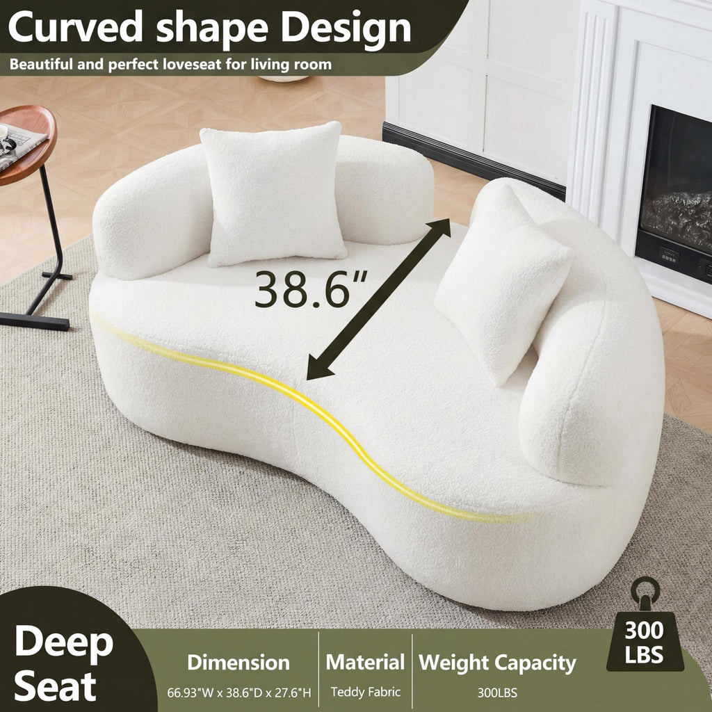 67" Curved Loveseat, Deep Seat White Couch with 2 Pillows