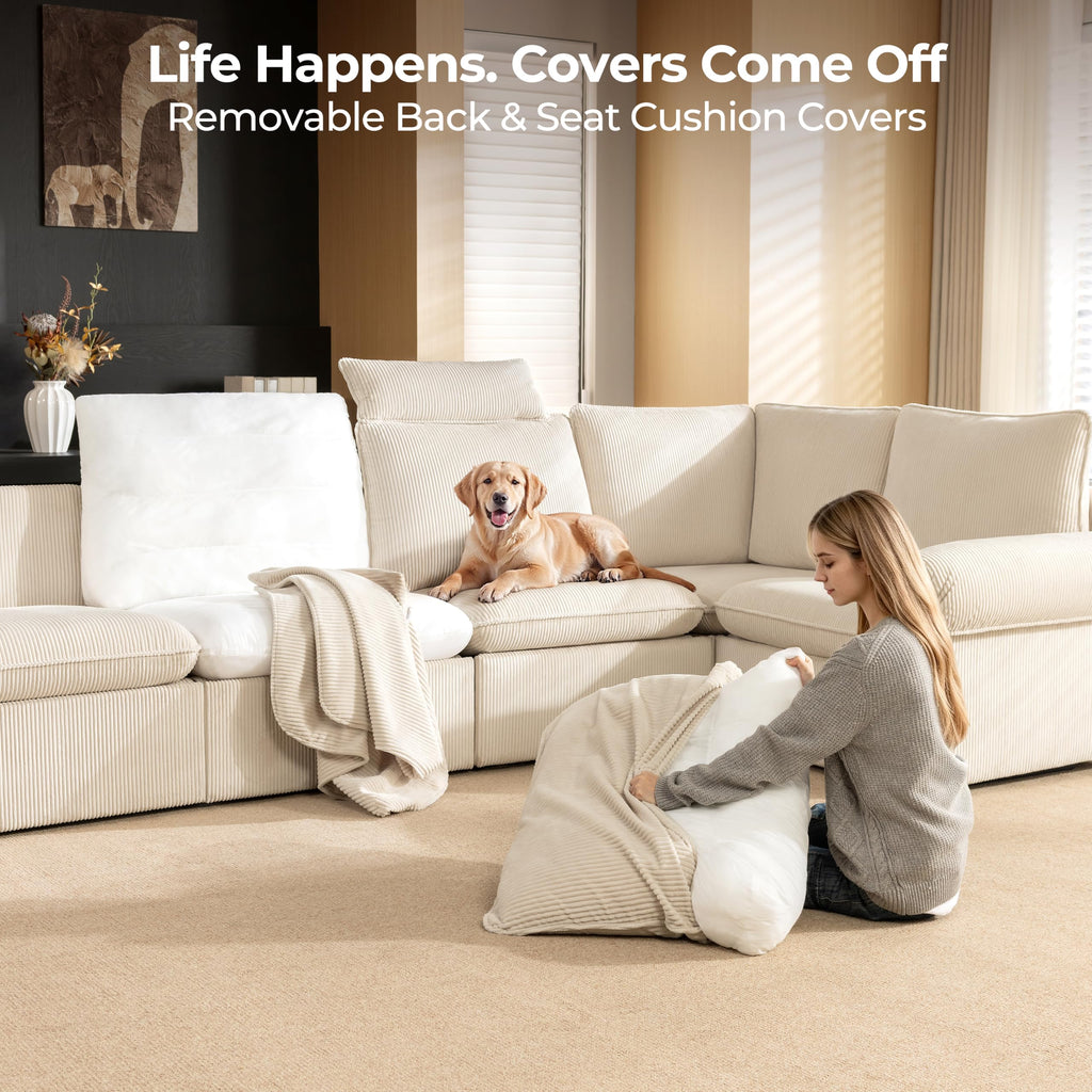 117" 6-Seat Modular Power Reclining Sectional Couch, Beige
