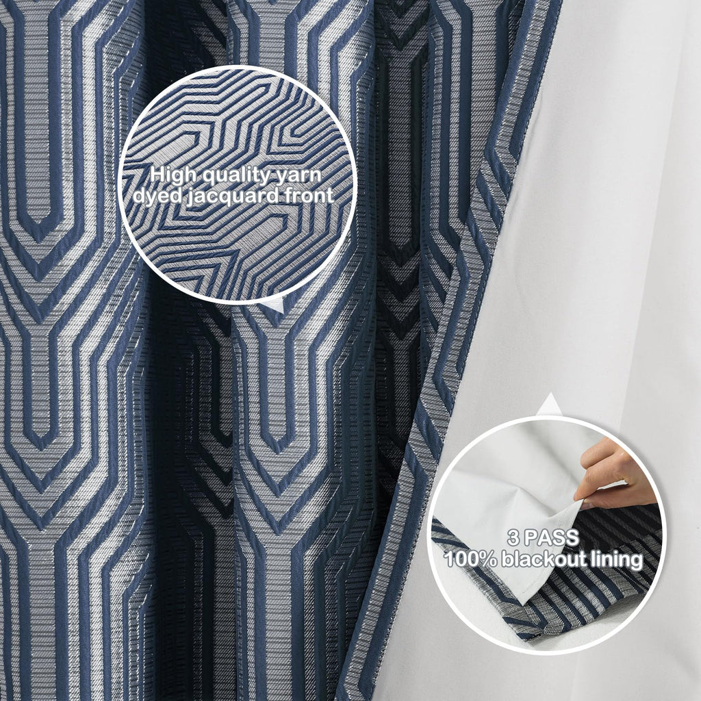 Indigo Blue and Silvery 100% Blackout Jacquard Geometric Pattern Curtains, 52 Inch Wide 120 Inch Length 2 Panels