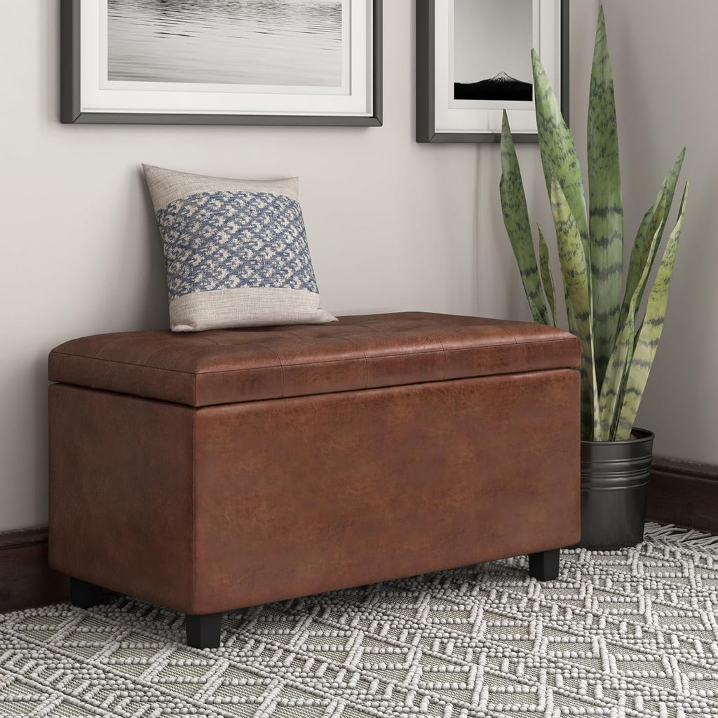 Cosmopolitan 34" Wide Vegan Leather Storage Ottoman in Brown | Distressed saddle brown, transitional storage ottoman
