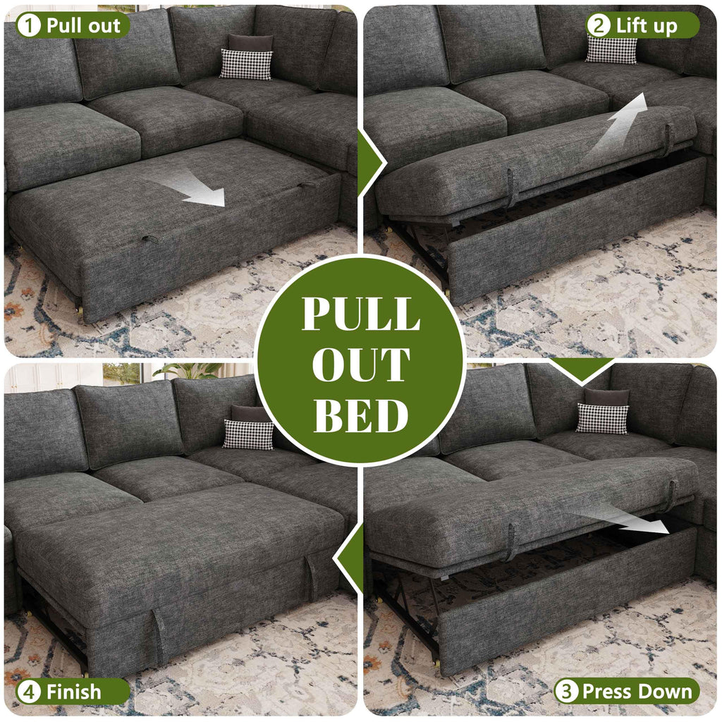 85'' Modular Sectional Sofa with Pull Out Bed, Sleeper Sofa, Dark Gray