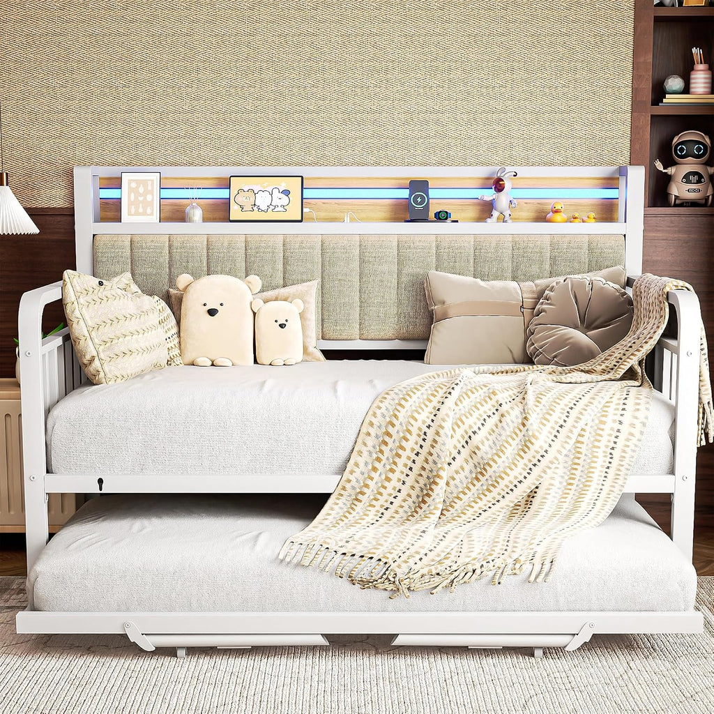 Daybed with Trundle and LED Light, Heavy Duty Metal Twin Bed Frame with Upholstered Storage Headboard & Charging