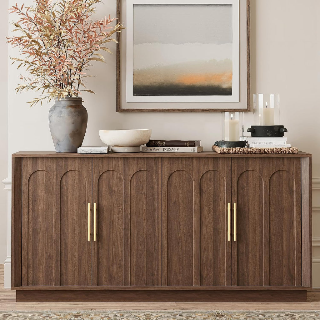 67" Sideboard Buffet Cabinet with Storage, Arched Doors, Walnut | Mid Century Modern Accent Cabinet with Wood Gain