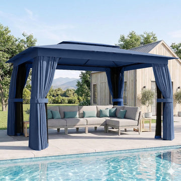 10' x 12' Outdoor Patio Gazebo, Heavy Duty Gazebo Canopy Shelter with Double Roof, Curtains, Netting, Steel Frame