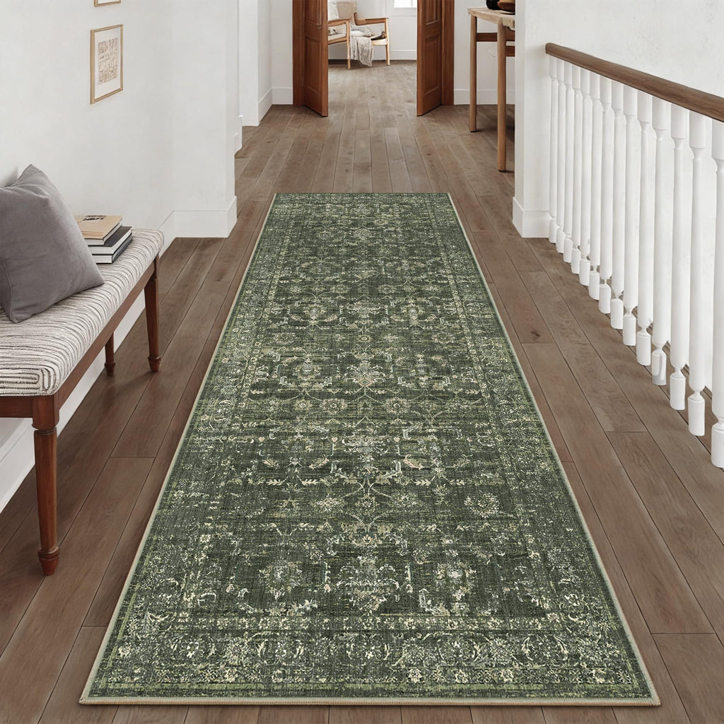 3x8 Washable Kitchen Runner Rug Non-Slip Boho Dark Green Throw Carpet