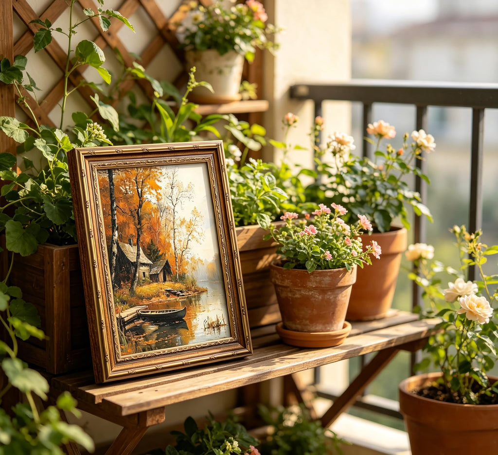 Vintage Gold Framed Wall Art, Autumn Lake Cabin with Boat Oil Painting Print, Rustic Fall Landscape Decor, Cabin