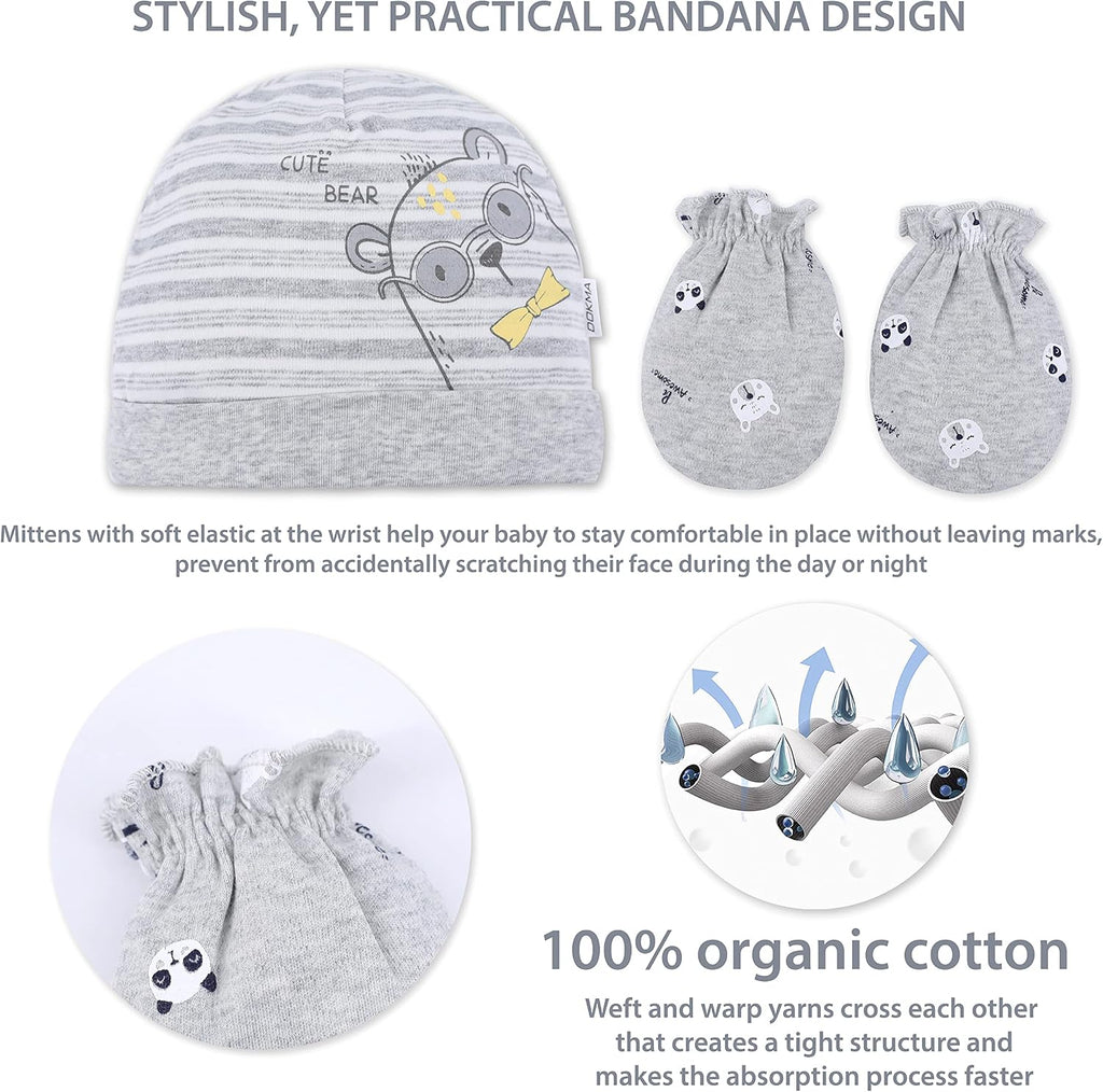 Organic Cotton Baby Mittens and Caps Set - Mittens for Newborn - Ultra Soft, No Scratch - 5 Caps x 3