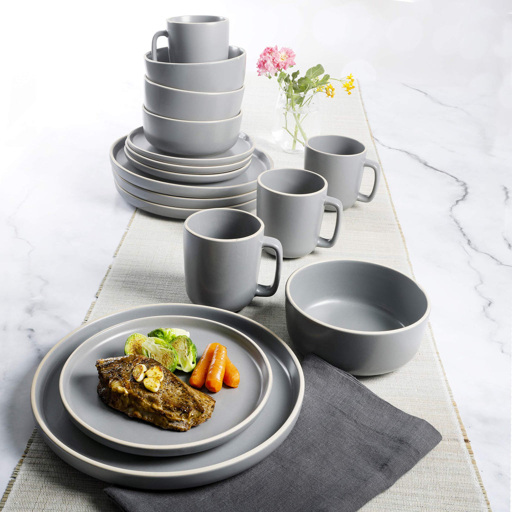 Zuma 16 Piece Round Kitchen Dinnerware Set, Dishes, Plates, Bowls, Mugs, Service for 4, Matte Stoneware, Grey