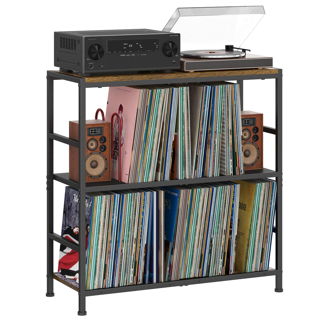 Record Player Stand with 4 Adjustable Dividers, Vinyl Record Storage Up to 300+ Albums, 3-Tier Vinyl Storage Holder