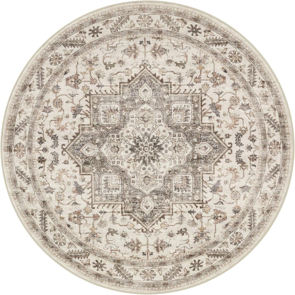 8ft Round Vintage Living Room Area Rug - 8x8 Large Soft Washable Oriental Traditional Distressed Far