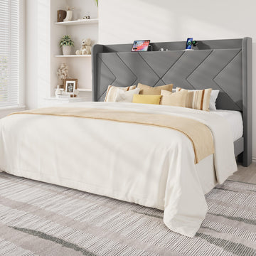 King Size Velvet Bed Frame with Charging and Shelf, Grey