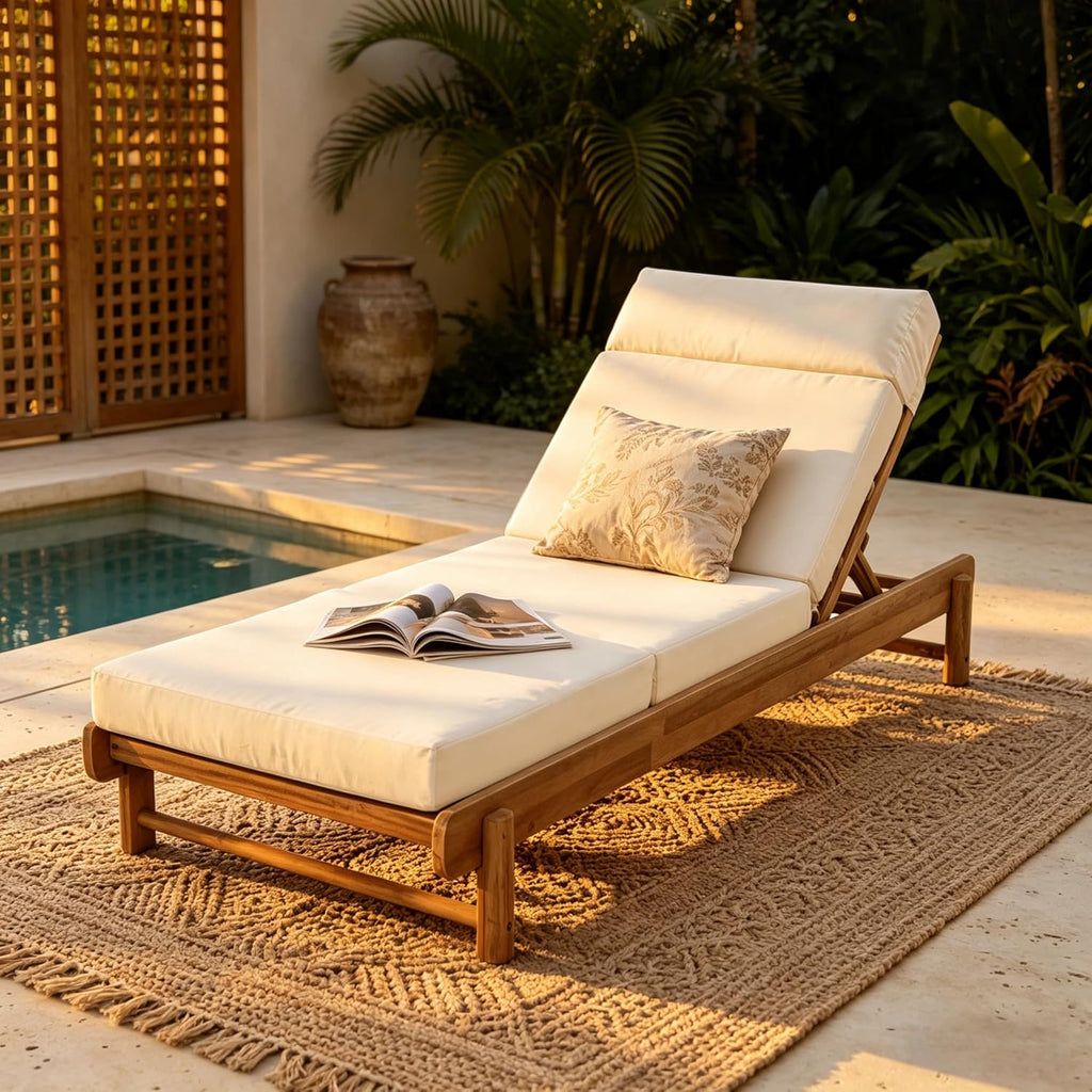 Outdoor Chaise Lounge, 4-Fold Cushion with Built-in Headrest, Acacia Wood Recliner Chair with Slatted Design