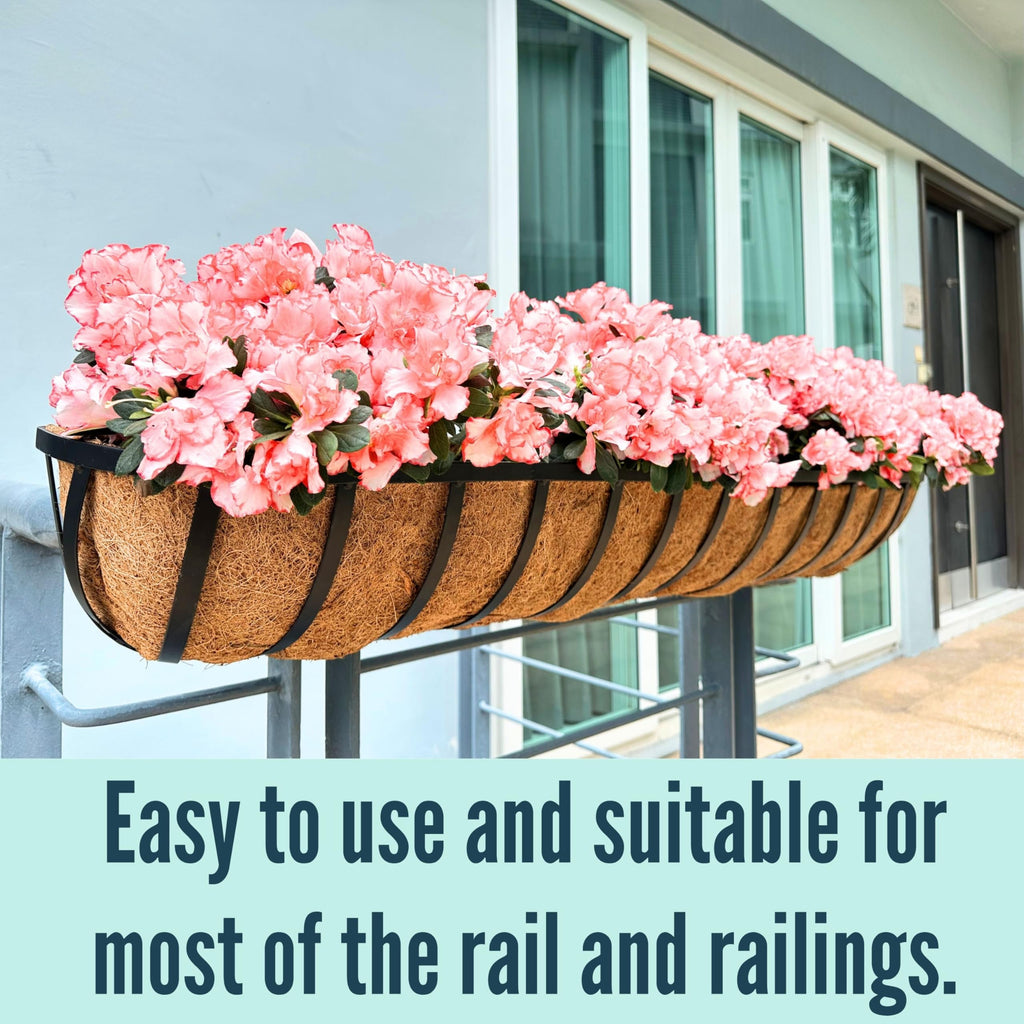 LaLaGreen Railing Planters Box (2 Pack, 30") Black Metal Large Rectangular Window Flower Box with Coco Liner, Wall