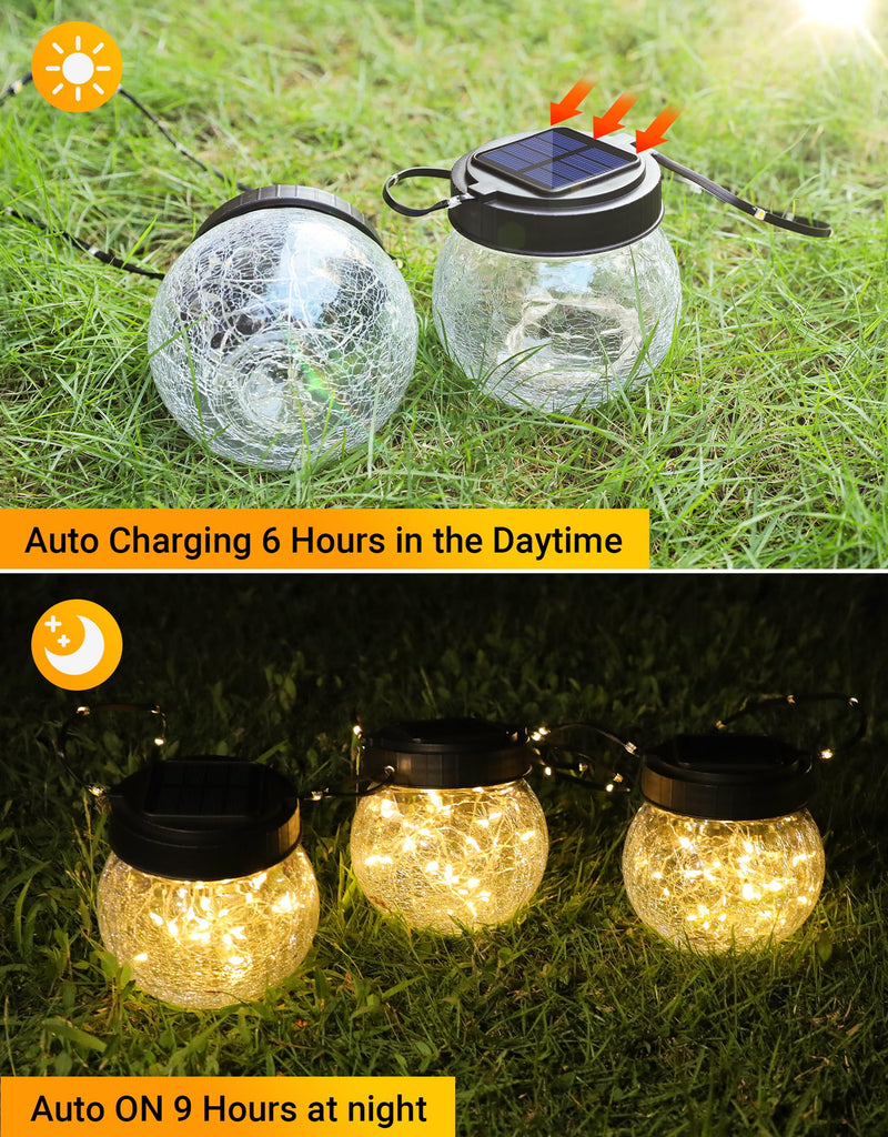 Lantern Solar Lights Outdoor Waterproof 2-Pack, Solar Powered Hanging Lights Cracked Glass Hanging Globes for
