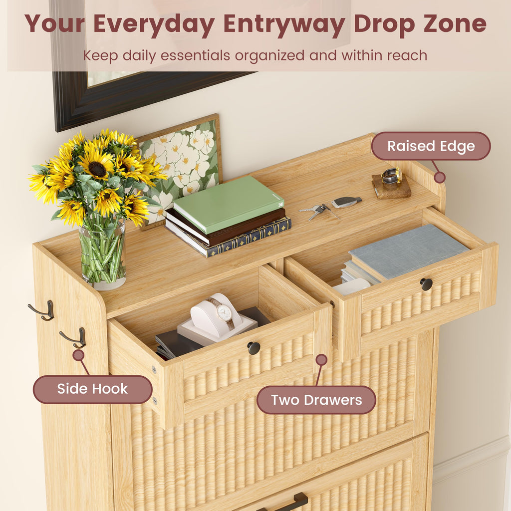 Fluted Shoe Cabinet, 3 Flip & 2 Top Drawers, Oak