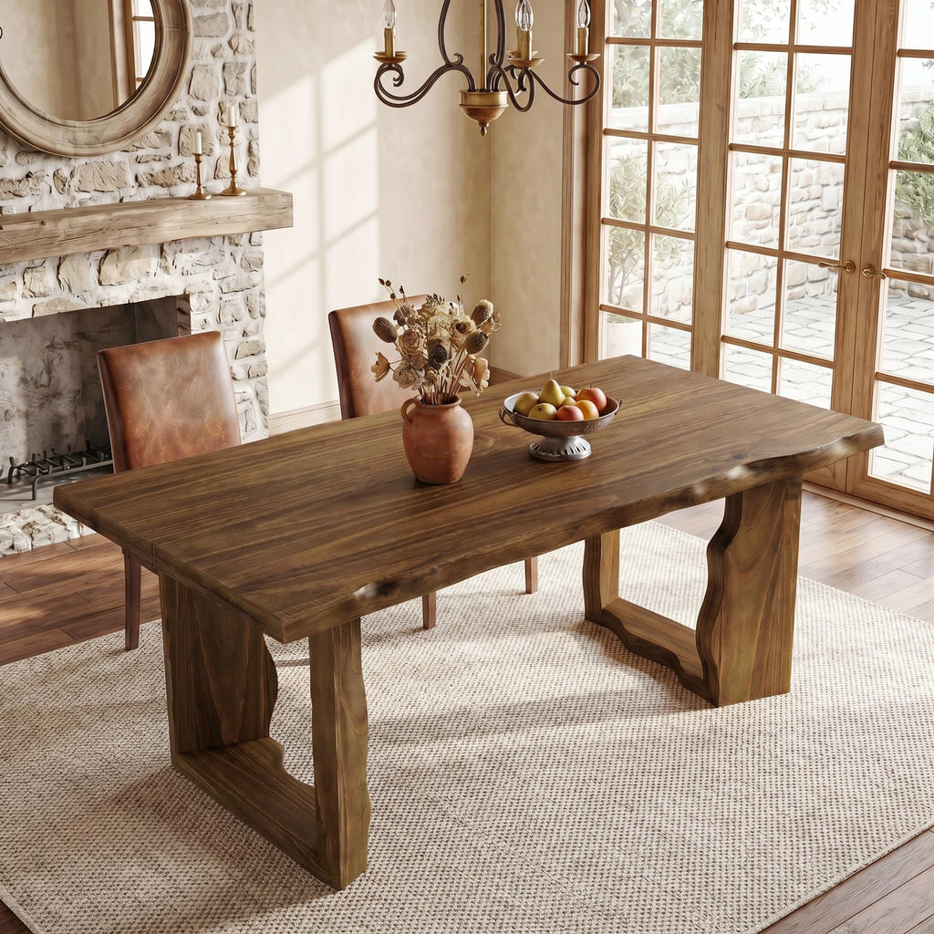 63" Live Edge Solid Wood Dining Table, Modern Rustic Kitchen Table with Sculptural Legs, 6-Person Rectangular Dinner