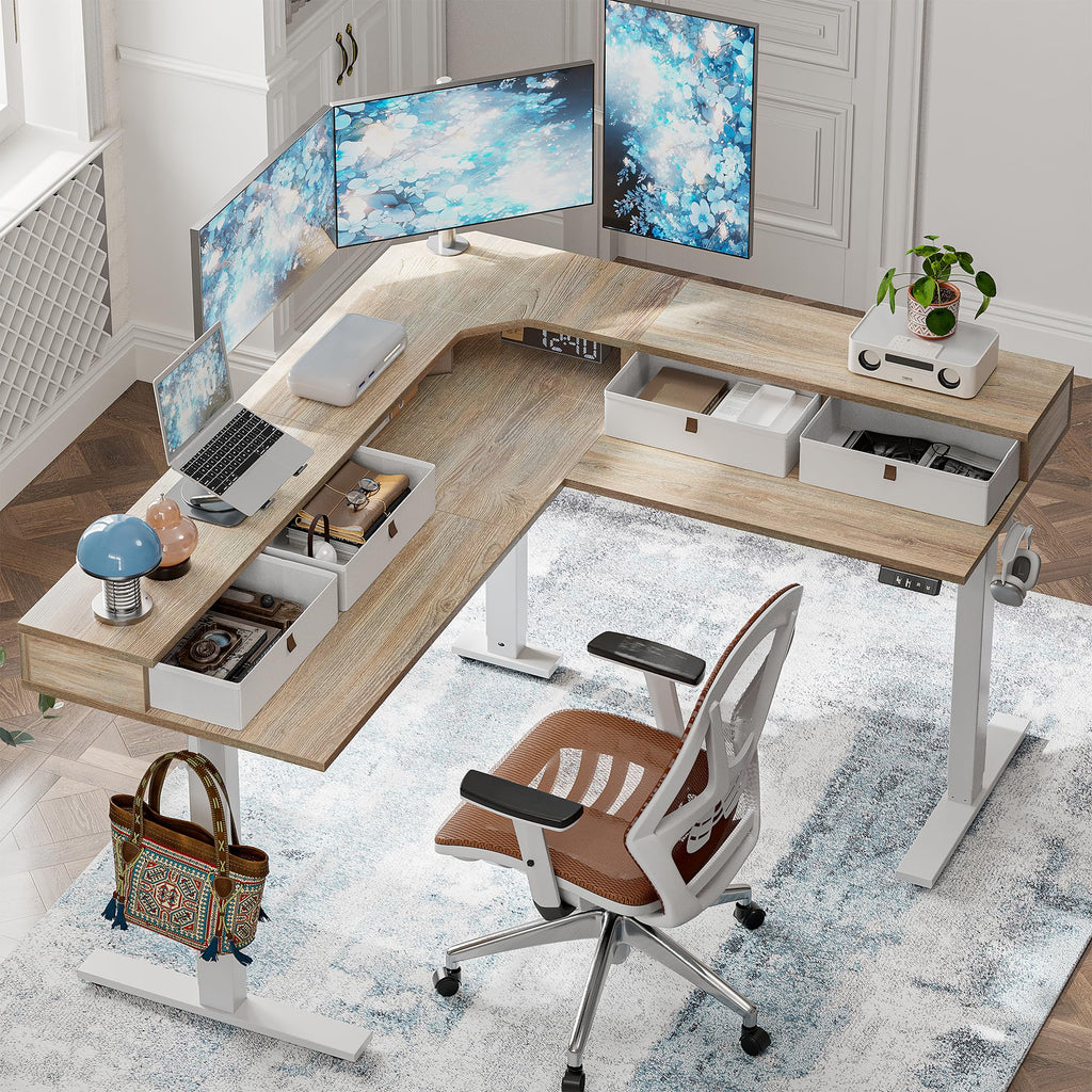 L Shaped 63 x 55 inch Standing Desk Adjustable Height, Electric Corner Standing Desk with 4 Drawers and Upper Shelf