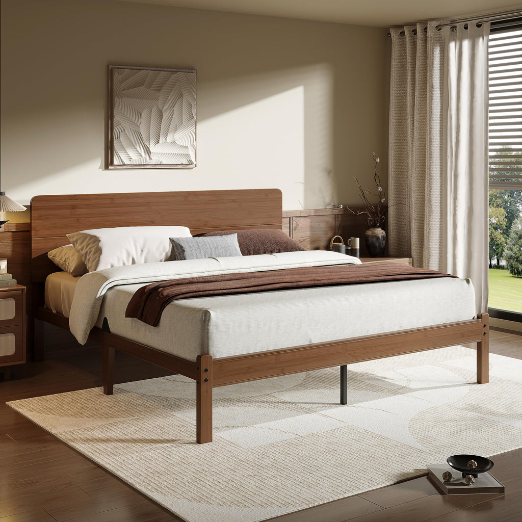 14" Solid Bamboo Wood King Size Bed Frames with Headboard, Brown