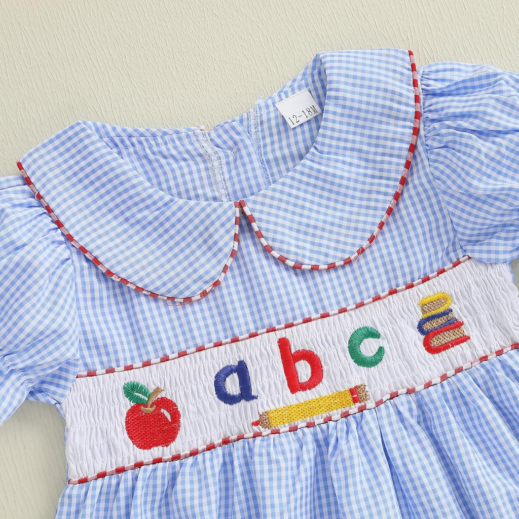 Toddler Baby Girl Back to School Outfit First Day of School ABC Short Sleeve Dress Plaid Collared Princess Dresses