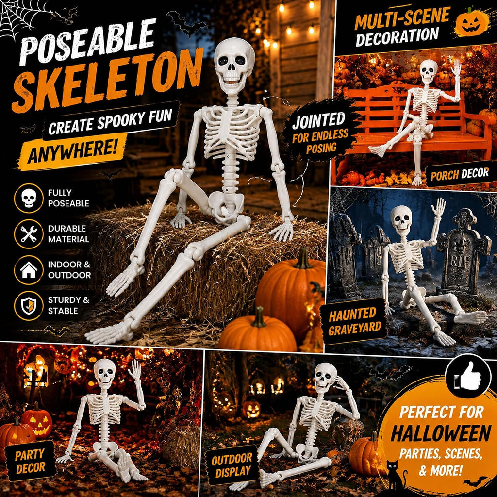 36" Halloween Skeleton, 3 ft Human Skeleton Full Body Posable Joints Plastic Skeleton for Halloween Decoration, Yard