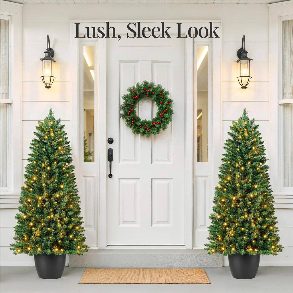 Prelit Potted Pencil Christmas Tree, 4.5Ft Artificial Lighted Holiday Décor, 175 Twinkling LEDs , Front Porch