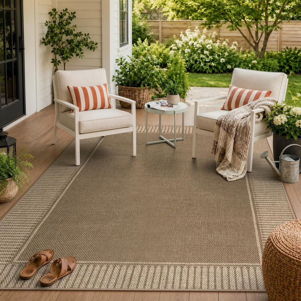 Easy Jute Indoor Outdoor Rug, Brown Striped Border Area Rug