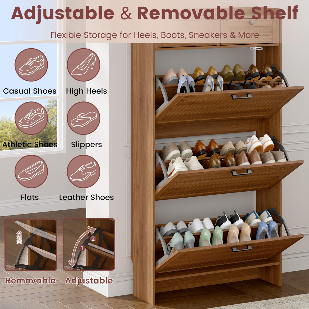 Fluted Shoe Cabinet, 3 Flip & 2 Top Drawers, Walnut