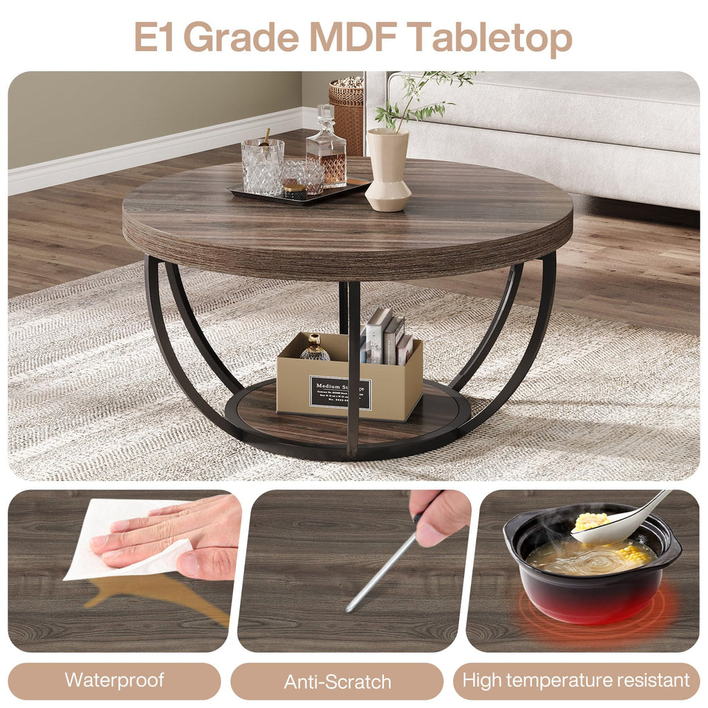 31.7" Round Wooden Coffee Table with Storage Pedestal