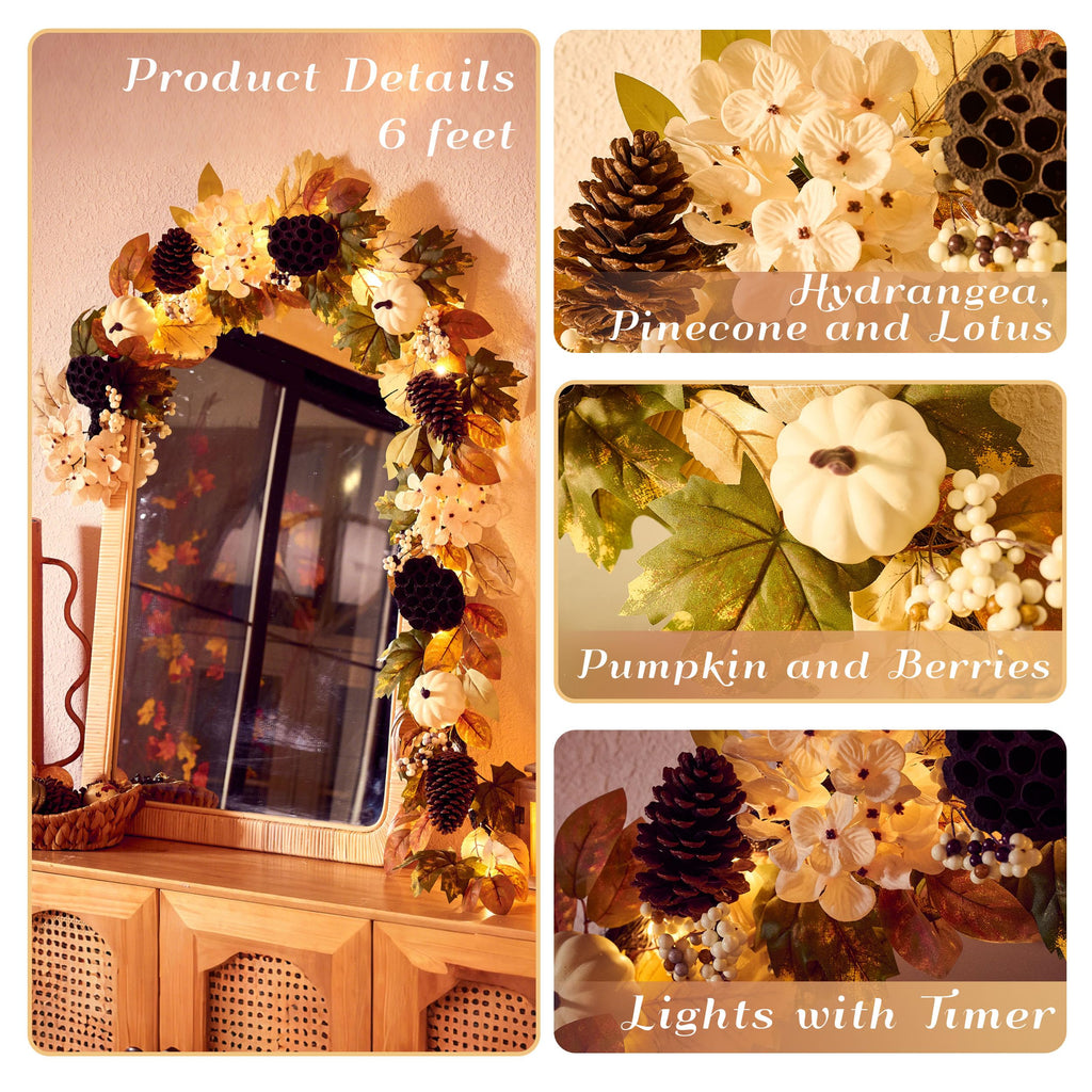 DecorbyHannah 6ft Fall Garland for Mantle with Lights &Pumpkin Maple Leaves