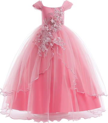 Vintage Off the Shoulder Flower Girl Dress Lace Embroidery Little/Big Girls Wedding Bridesmaid Holiday Ballgown