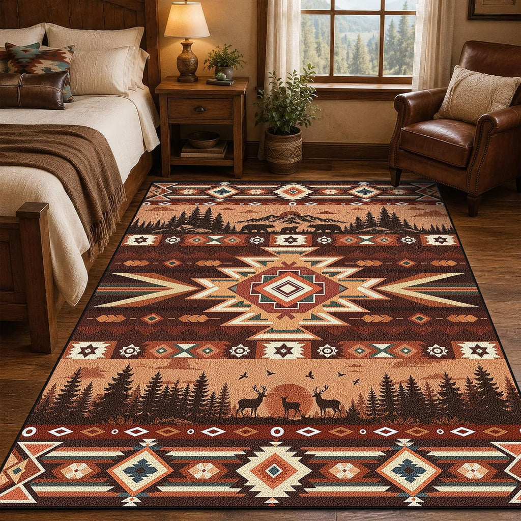 Western Aztec Area Rug, 5x7 Vintage Rustic Cabin Bear Deer Southwest Tribal Rugs, Machine Washable Non‐Slip Stain