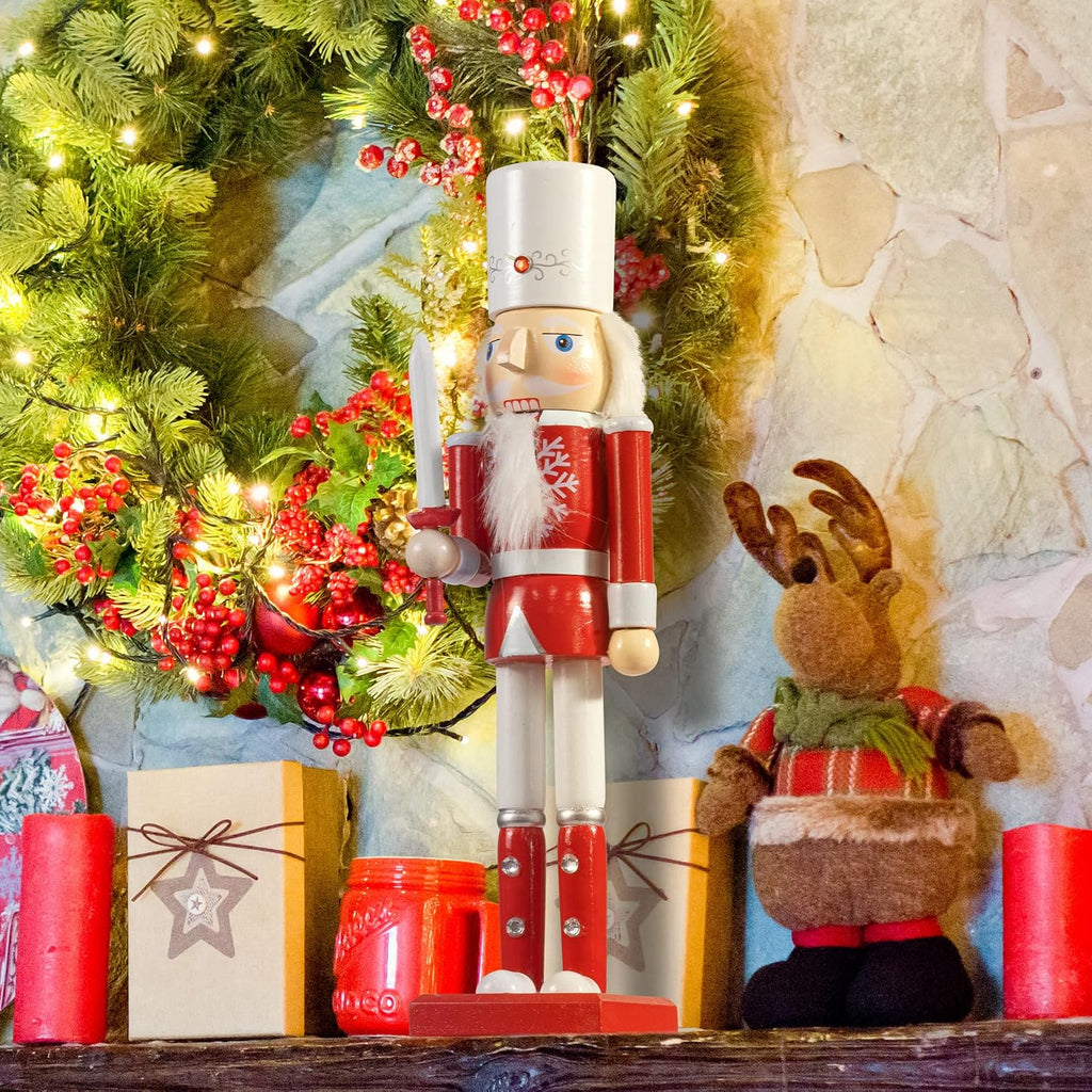 Red and White Christmas Nutcracker 15-Inch Set of 4 Wooden King and Soldier Nutcracker Figurine Display Set