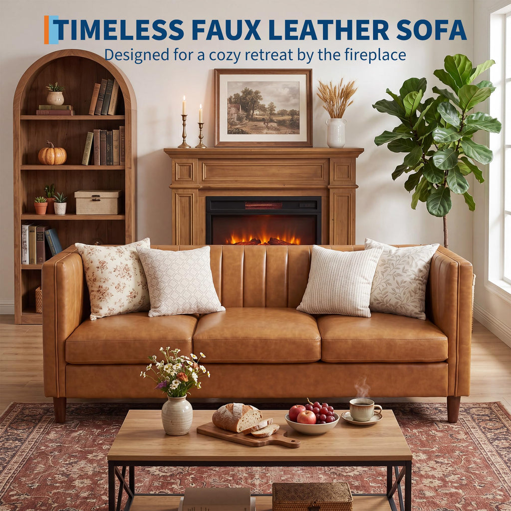81" PU Leather Sofa, 3-Seater Couch, Cognac Tan