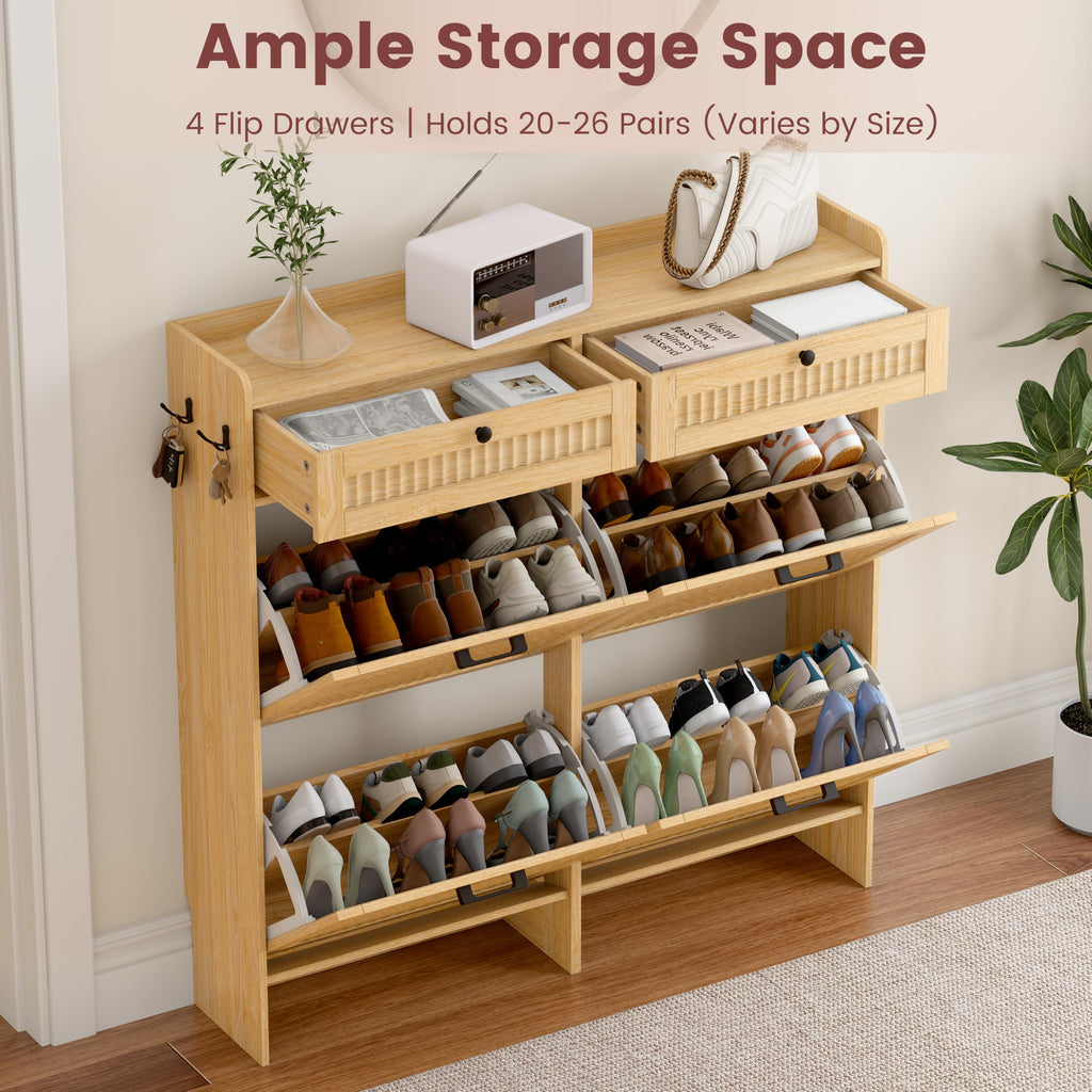 Fluted Shoe Cabinet, 4 Flip & 2 Top Drawers, Oak