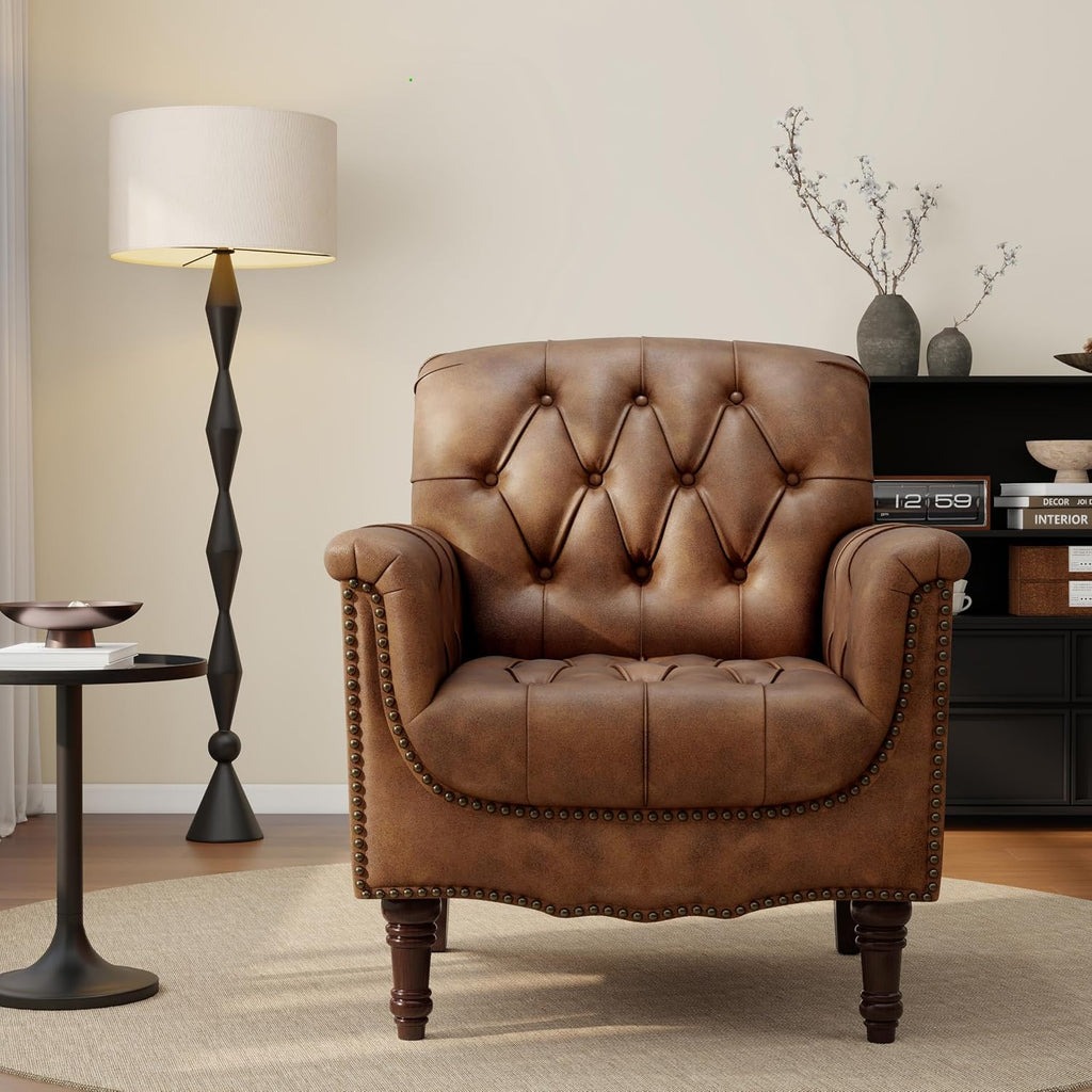 Faux Leather Accent Chair, Button Tufted Upholstered Armchair, Brown