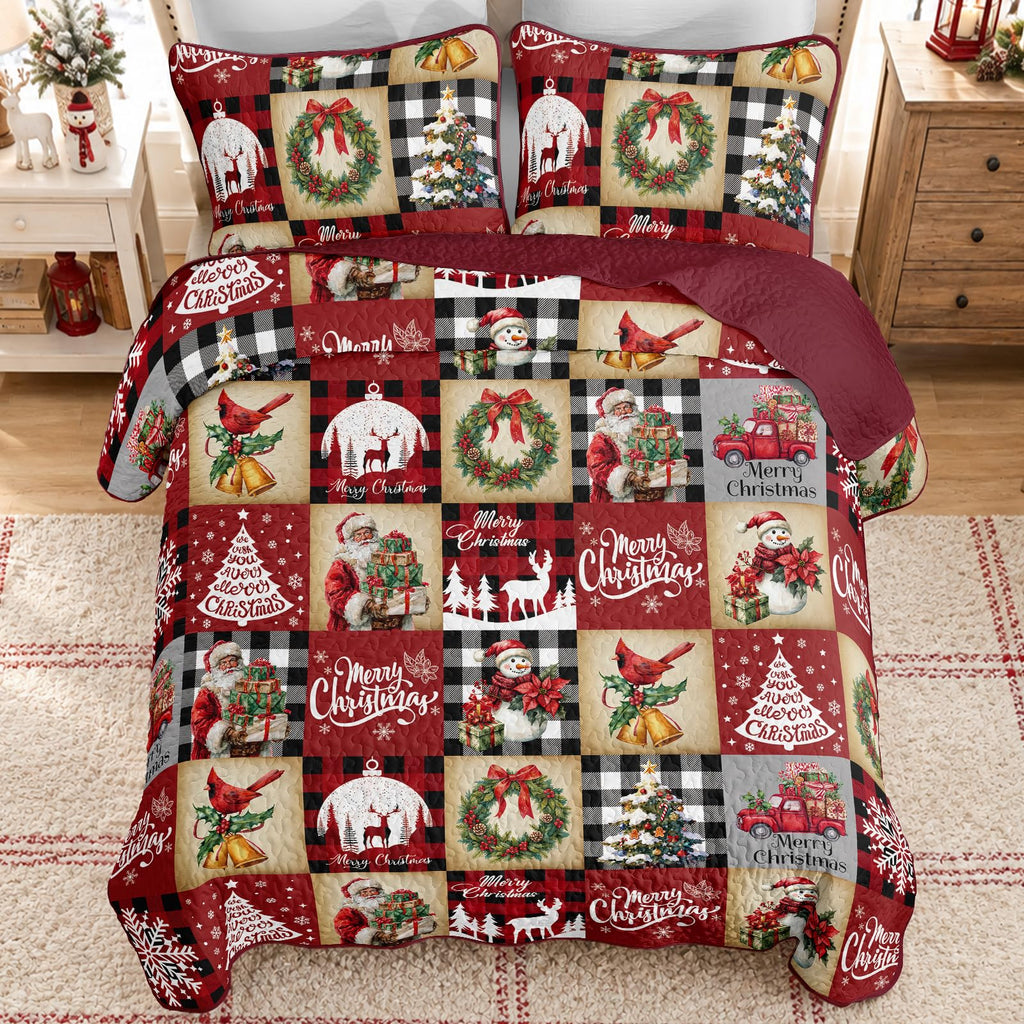 Christmas Quilt Set Queen Size Red Cardinal Wreath Patchwork Xmas Bedspread