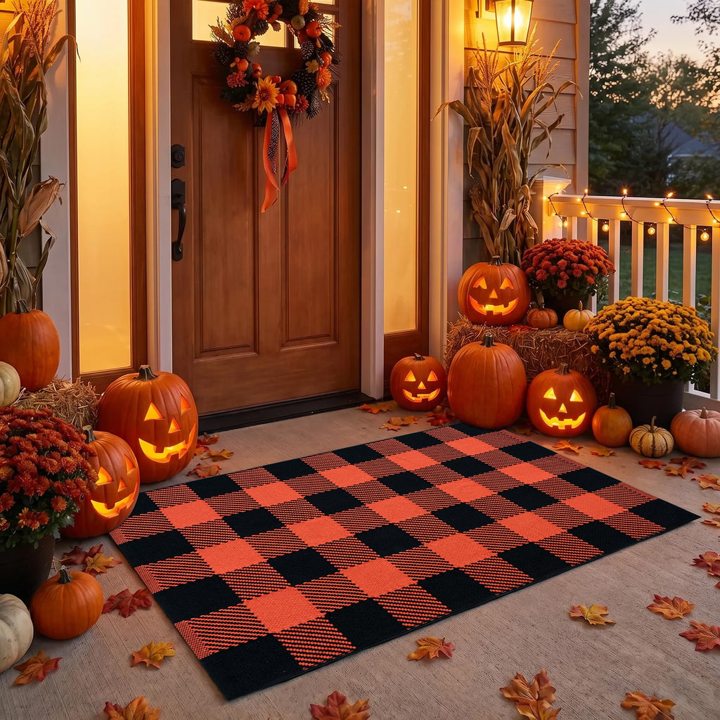 Fall Door Mat Orange and Black Buffalo Plaid Rug 3'x 5', Washable Layering Rug for Front Door Porch Entryway Cotton
