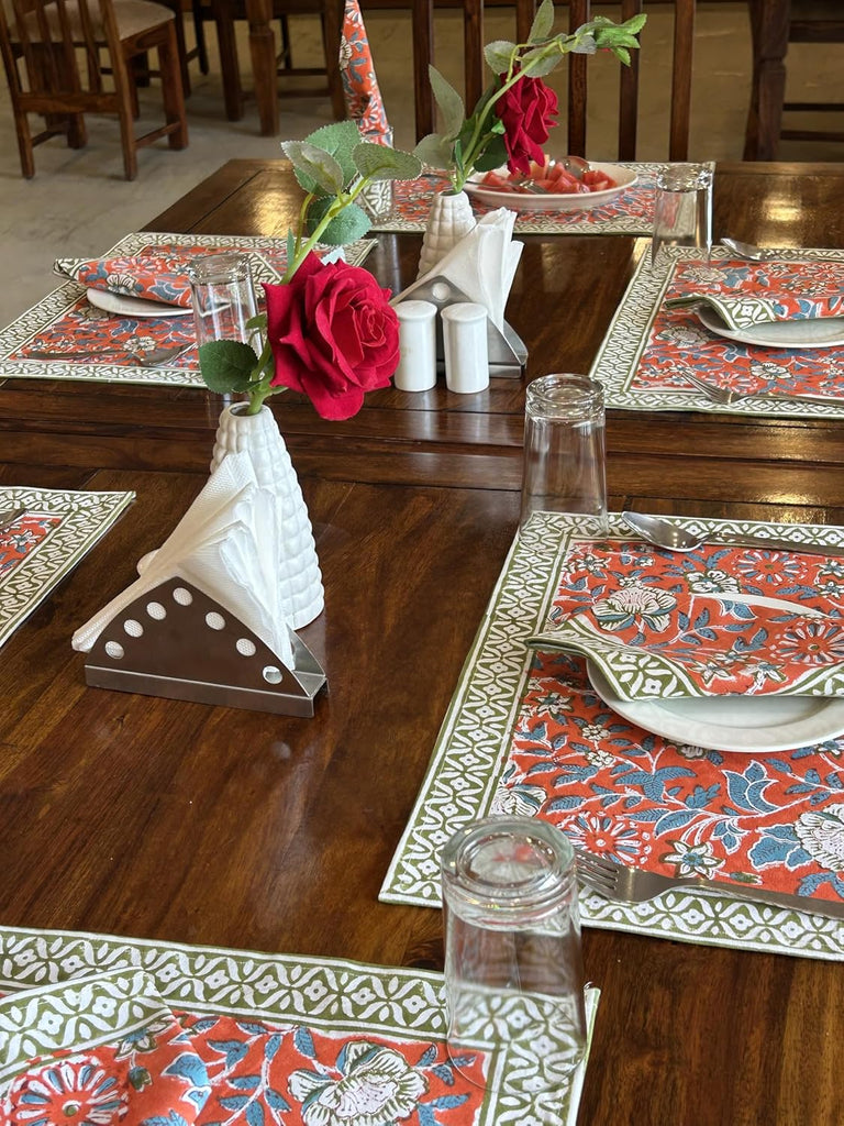 Handmade Placemats and Napkins Set - Blue and Green Cloth Table Mats - Thanksgiving Decor & New Mom Gift (Red)