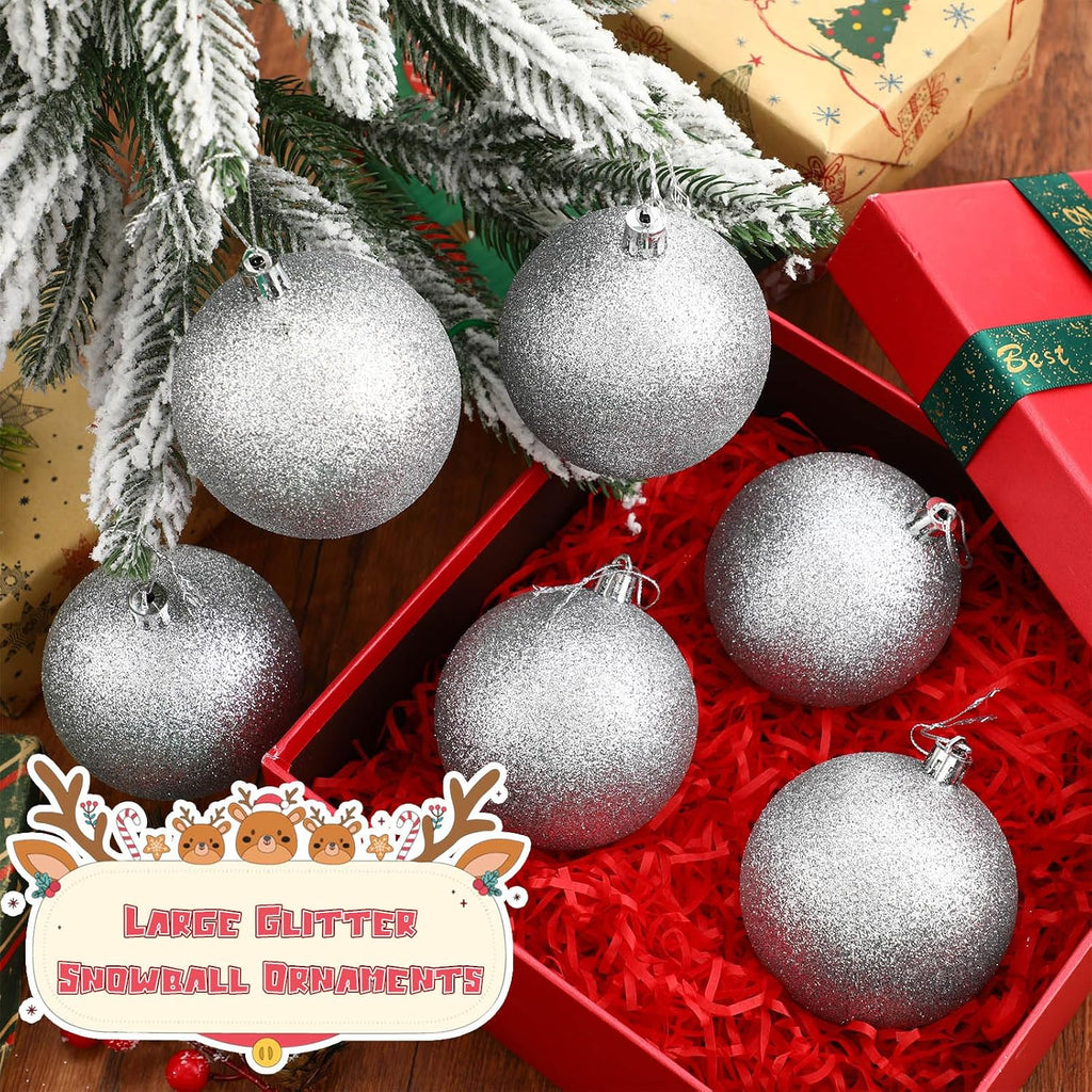 12 Pcs Large Christmas Ball Glitter Snowball Ornament, Silver