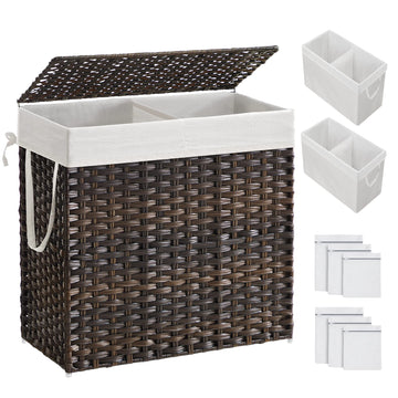 Laundry Hamper with Lid, 130L Double Wicker Basket, 6 Mesh Bags
