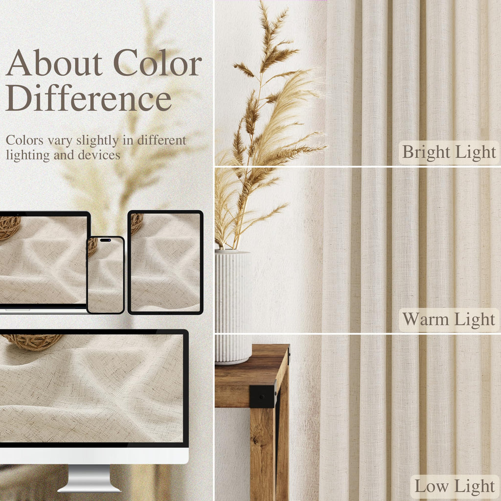 Warm Beige Linen Curtains 90 Inch Long 2 Panels Set Living Room Linen Textured Window Drapes Semi Sheer Light