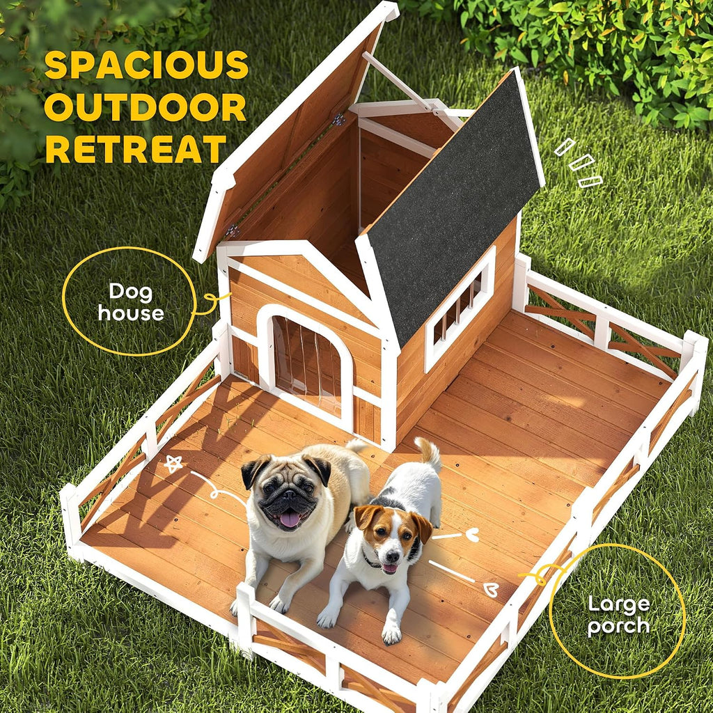 Outdoor Dog House, 56" Wooden Dog House with Large Porch, Weatherproof & Openable Roof, Elevated Base, Removable