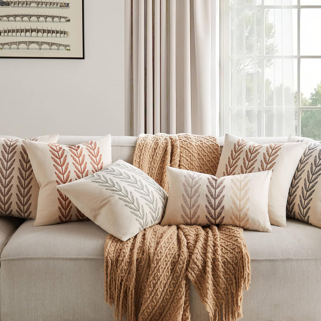100% Cotton Farmhouse Leaves Throw Pillow Covers Set of 2, 18x18 Inch Mixed Beige Pastoral Decorative Print Cushion