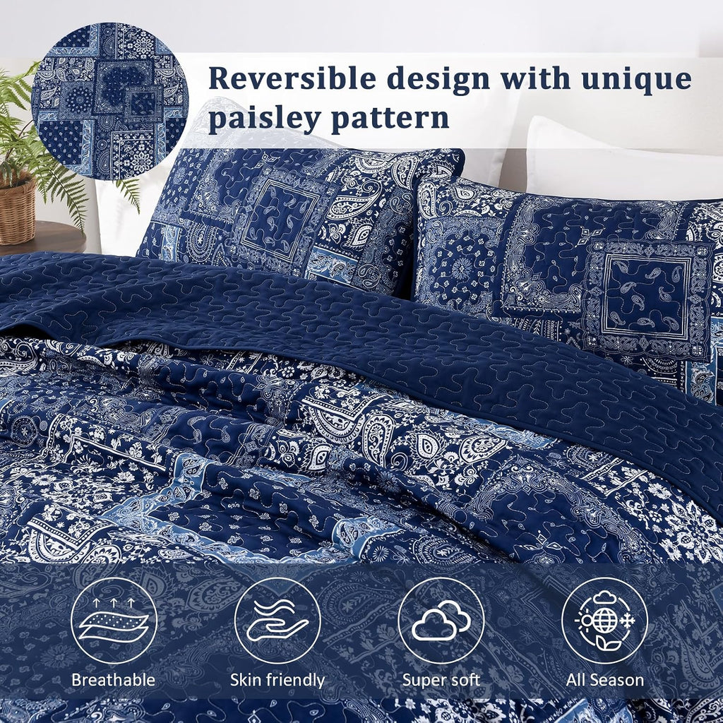 Blue Patchwork Quilt Set Queen,Boho Navy Blue Quilt Set,Paisley Farmhouse Bedspread Soft Microfiber Bedding Set for