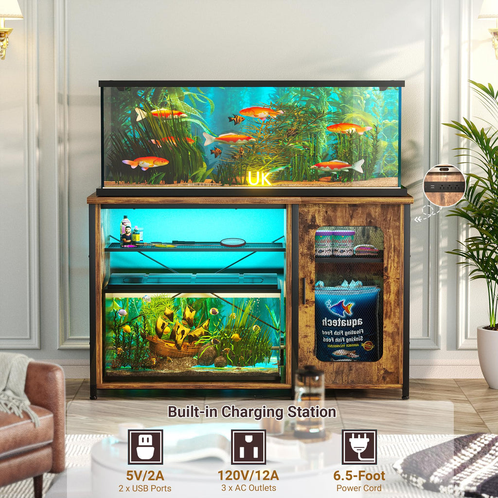 55-75 Gallon Aquarium Stand with Power Outlet & LED, Rustic Brown