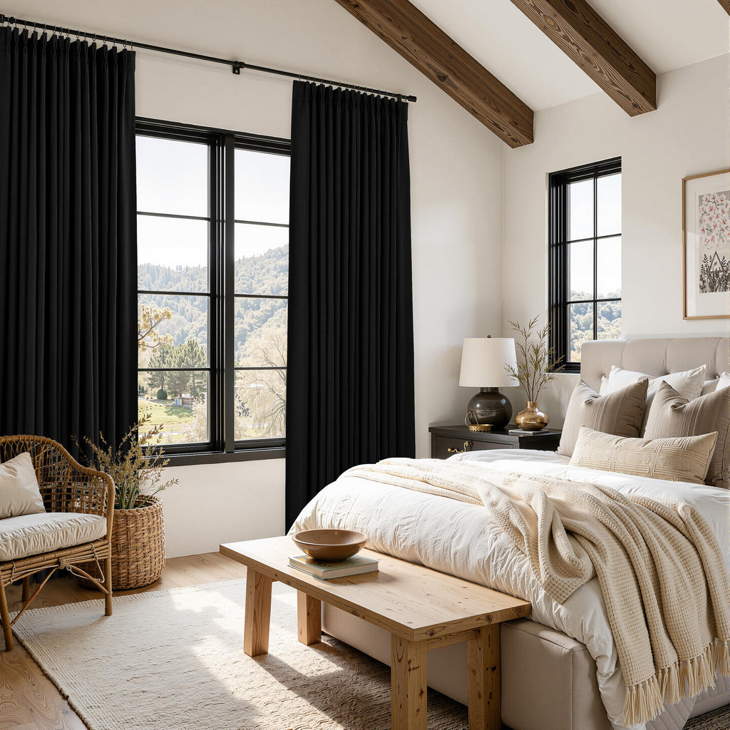 Black Pinch Pleated Linen Blackout Curtains 84 inch Long 2 Panels