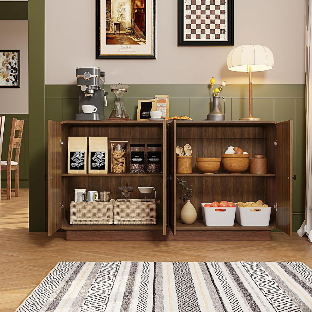 58 Inch Sideboard Buffet Cabinet with Storage, Curved Edges Buffet Storage Cabinet with 4 Fluted Doors, Mid Century