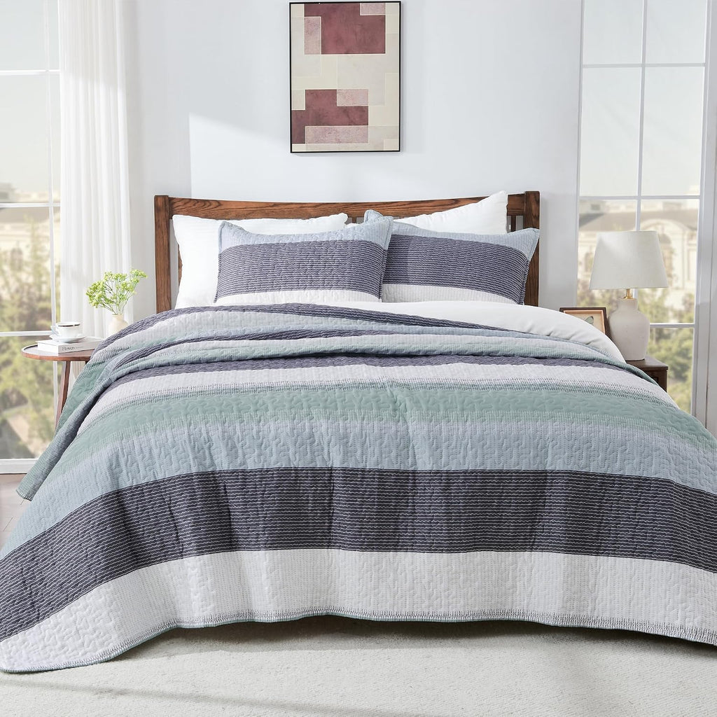 King Quilt Set Sage Green, 3 Pieces Mint Green Ultra Soft Lightweight Bedspreads & Coverlets Set, Patchwork Striped