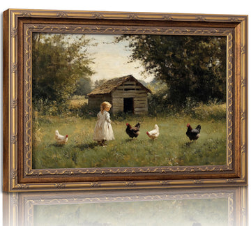 Vintage Gold Framed Farmhouse Chicken Wall Art Retro Country Farm Girl and Chicken Canvas Wall Decor Retro Rustic