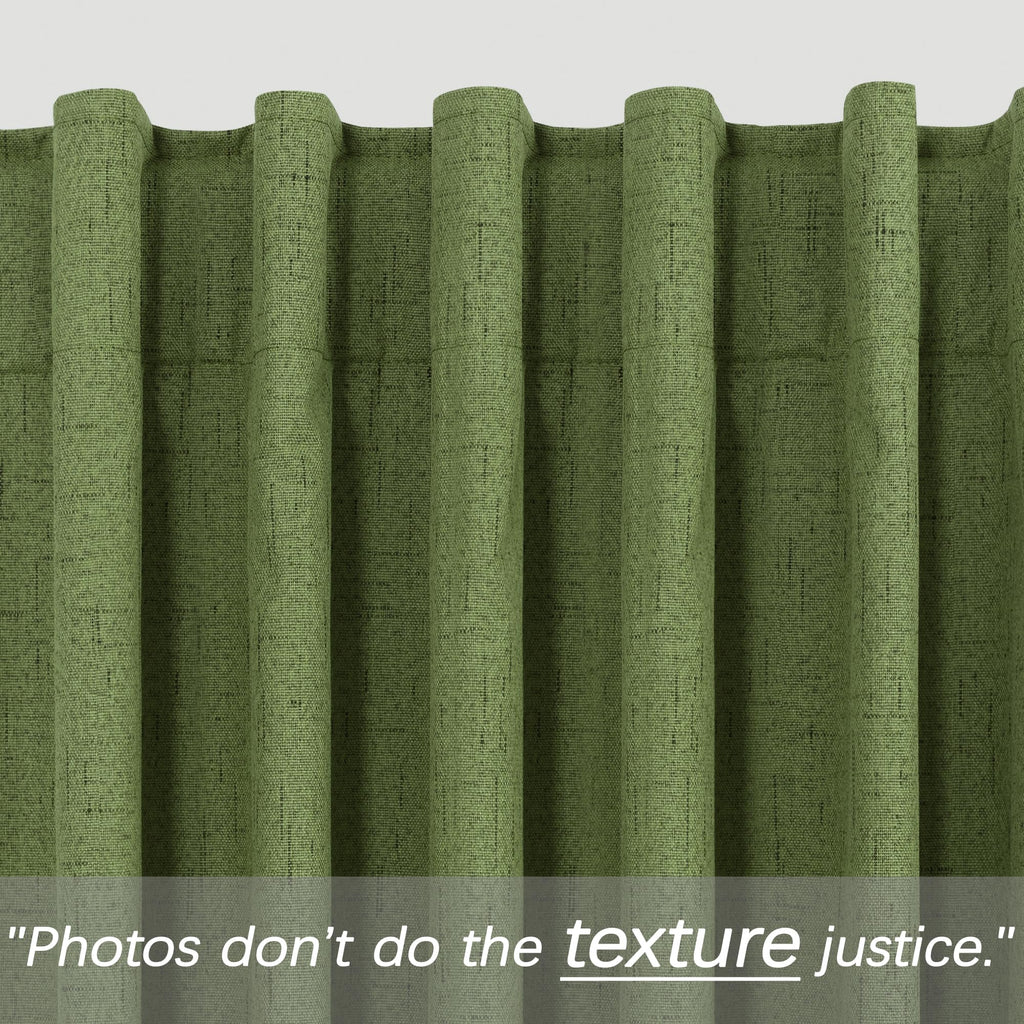 108 Inch Long Olive Green Linen Boho Back Tab Blackout Curtains Living Room 2 Panels Set